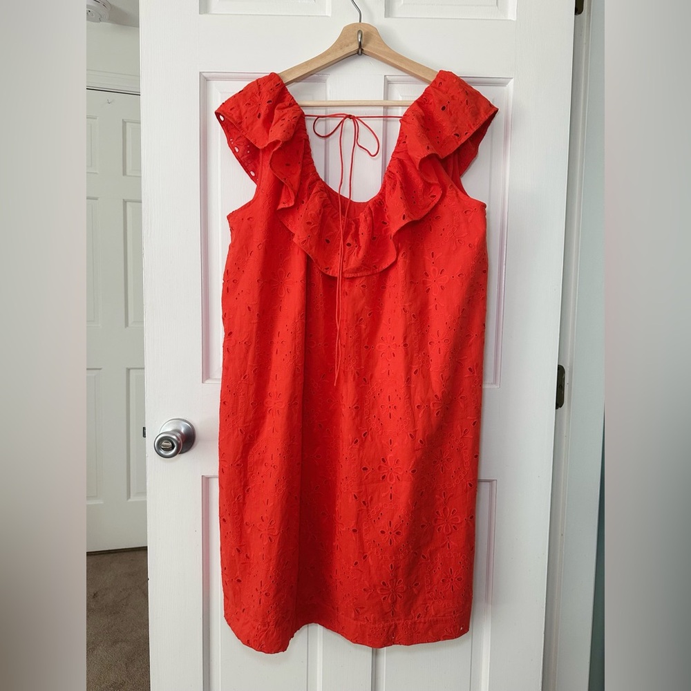 Ann Taylor Orange Eyelet Ruffle Neck Shift Dress Oversized Size L / XL - Picture 5 of 9
